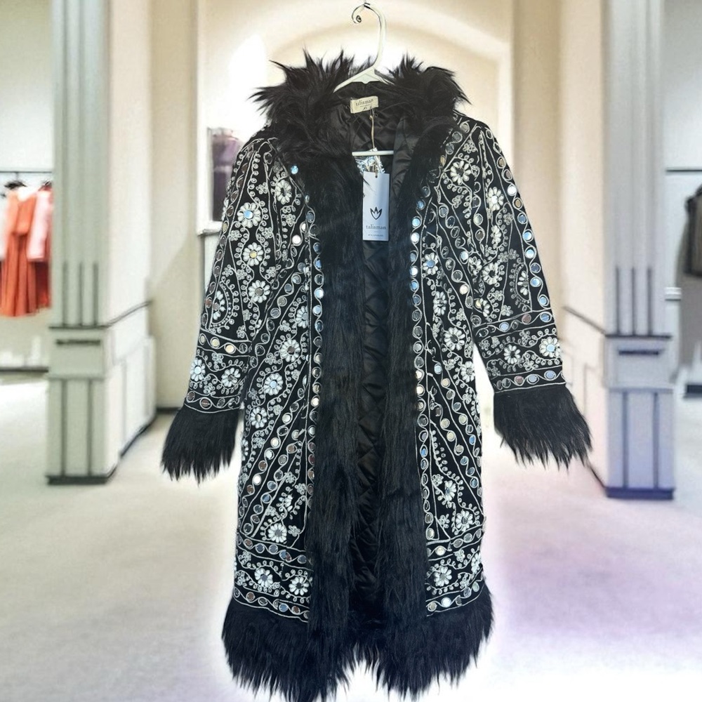 Embroidered Black & White Faux-Fur Trim Coat - Women